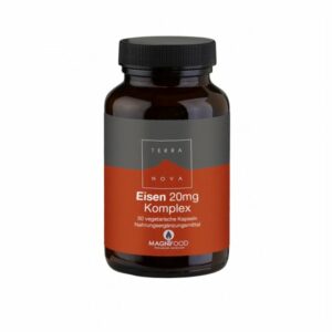 Braune Glasflasche mit schwarzem Deckel, etikettiert mit "Eisen 20mg Komplex" und Informationen über vegetarische Kapseln.