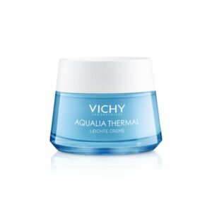 Tiegel mit blauer Creme, beschriftet als VICHY AQUALIA THERMAL leichte Creme, mit weißem Deckel.