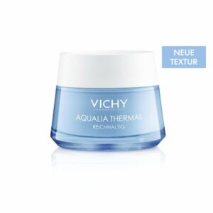 Eine hautfeuchtigkeitsspendende Creme in einem blauen Glasbehälter mit einem weißen Deckel und der Aufschrift 'Aqualia Thermal' und 'reichhaltig'.