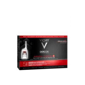 Verpackung von Vichy Dercos Aminexil Clinical 5 zur Haarbehandlung, enthält 21 Monodosen, betont Anti-Haarverlust-Eigenschaften.