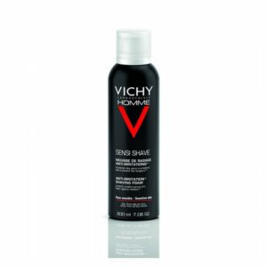 Schwarze Dose mit Rasierschaum für empfindliche Haut, Markierung "Vichy Homme" und Anti-Irritation Hinweis.
