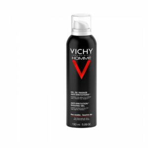 Schwarze Spraydose mit Vichy Homme Anti-Irritations Rasiergel für empfindliche Haut, 150 ml.