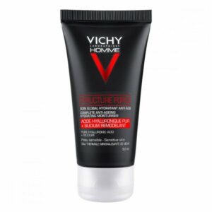 Schwarze Tube mit rotem und silbernem Design, enthält feuchtigkeitsspendende Anti-Aging-Creme von Vichy, 50 ml.