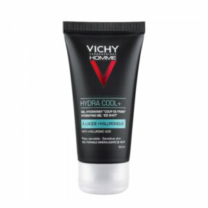 Schwarze Tube mit hydrierendem Gel von Vichy, beschriftet mit "HYDRA COOL+" und Inhaltsstoffen wie Hyaluronsäure.