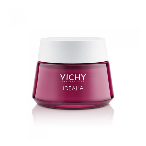 Runde Flasche mit pinkfarbener Creme und weißem Deckel, beschriftet mit "VICHY IDEALIA".
