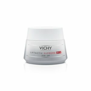 Hautcreme in einem runden, silbernen Behälter mit weißem Deckel und der Aufschrift "VICHY LIFTACTIV SUPREME SPF 30".