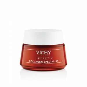 Tiegel mit runder Form und rotem Glas, beschriftet mit 'Vichy Liftactiv Collagen Specialist', weißem Deckel.