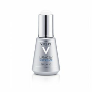 Silbernes Serumfläschchen von Vichy mit blauer Schrift für Liftactiv Supreme Serum 10, mit glänzendem Verschluss.