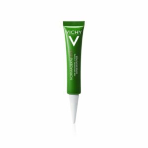 Grüne Tube mit weißer Spitze, enthält Vichy Normaderm S.O.S. Anti-Unreinheiten-Paste, zur gezielten Anwendung bei Pickeln.