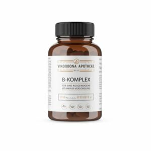 Braune Kunststoffflasche mit Schraubverschluss, beschriftet mit 'B-KOMPLEX' für Vitamin B-Versorgung.