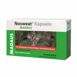 Verpackung von Nosweat Kapseln zur Beruhigung übermäßiger Schweißabsonderung, mit Pflanzenabbild auf der Vorderseite.