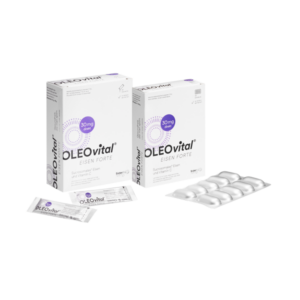 Zwei Packungen OLEOvital Eisen Forte mit Weisheiten und einem Blister mit Kapseln, die Eisen und Vitamin C enthalten.