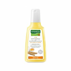 Flasche Rausch Ei-Öl Nähr-Shampoo mit gelbem Etikett und grünem Logo, für trockenes Haar.