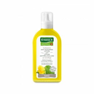 Flasche mit Rausch Huflattich Anti-Schuppen Lotion, gelbe Verpackung, mit floralem Motiv und Produktinformationen.