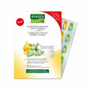 Verpackung der Schweizer Kräuter Vital Kapseln von Rausch mit grünen und gelben Kapseln im Blister, vegan, unterstützt Haut, Haare und Nägel.