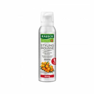 Styling Mousse in silberner Dose von Rausch, bietet starken Halt und Hitzeschutz, mit Inhaltsstoffen wie Sanddorn.