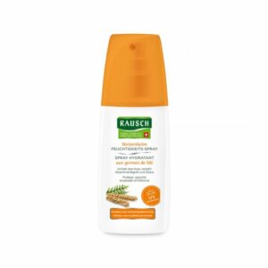 Weizenkeim Feuchtigkeits-Spray von Rausch in einer weißen Flasche mit orangefarbenem Deckel und Pflanzenmotiv.