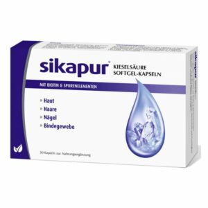 Kartonverpackung von Sikapur Kieselsäure Softgel-Kapseln zur Nahrungsergänzung für Haut, Haare, Nägel und Bindegewebe.
