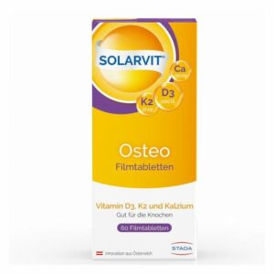 Verpackung von Solarvit Osteo Filmtabletten mit Angaben zu Vitamin D3, K2 und Calcium für die Knochengesundheit.