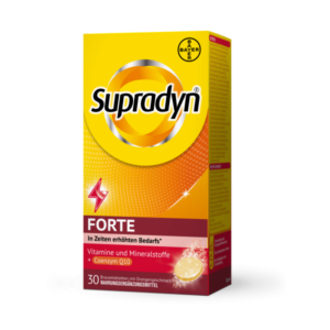 Verpackung von Supradyn Forte mit Vitaminen, Mineralstoffen und Coenzym Q10, orangefarbenes Design, 30 Brausetabletten.