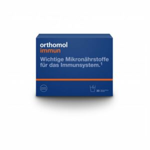 Paket von orthomol immun mit der Aufschrift "Wichtige Mikronährstoffe für das Immunsystem" und einem Glas Wasser-Symbol.