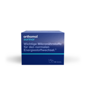 Packung von Orthomol Aurinor mit Informationen zu Mikronährstoffen für den Energiestoffwechsel.
