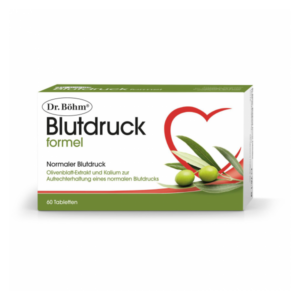 Packung mit Dr. Böhm Blutdruck Formel für normalem Blutdruck, enthält Olivenblatt-Extrakt und Kalium.