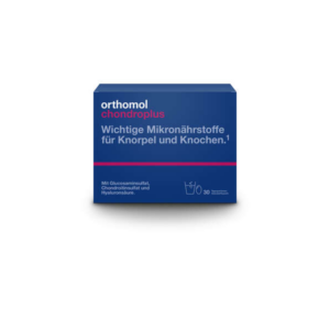 Blaues Paket mit der Aufschrift 'orthomol chondroplus', betont wichtige Mikronährstoffe für Knorpel und Knochen.