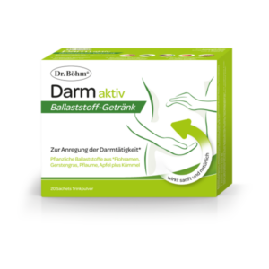 Verpackung des Produkts "Darm aktiv", ein Ballaststoff-Getränk zur Anregung der Darmtätigkeit.