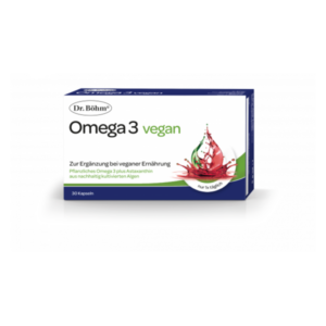 Verpackung von Dr. Böhm Omega 3 vegan Kapseln mit Beschreibung zur pflanzlichen Ergänzung bei veganer Ernährung.
