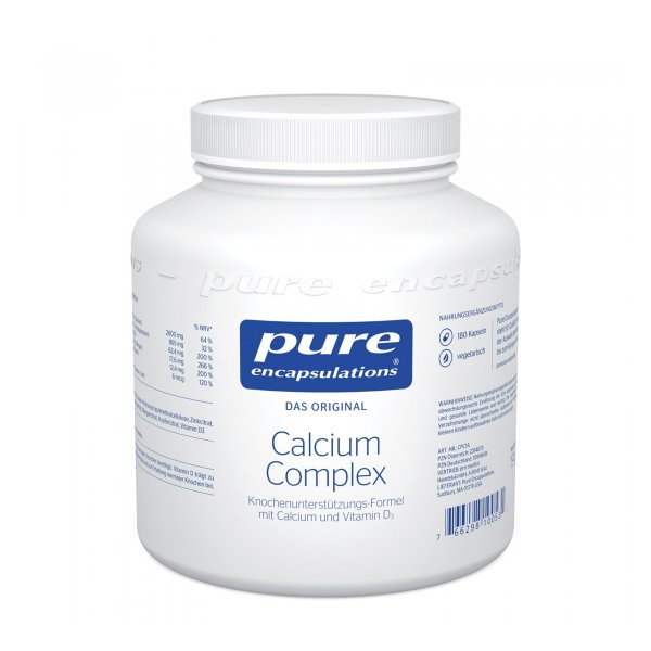 Weißer Kunststoffbehälter mit Schraubverschluss, enthält 180 vegane Kapseln für Calcium und Vitamin D.