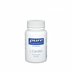 Weißer Kunststoffbehälter mit Schraubverschluss, beschriftet mit "pure encapulations L-Carnitin" und weiteren Angaben.