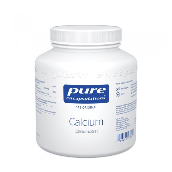 Weißer Kunststoffbehälter mit blauem Logo und Aufschrift "Calcium" von Pure Encapsulations.