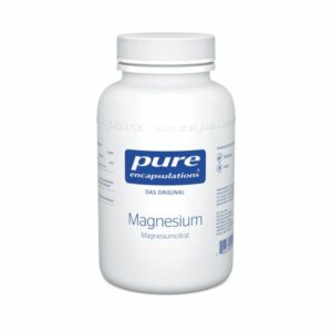 Weißer Kunststoffbehälter mit blauem Etikett, enthält Magnesium in Form von Magnesiumcitrat, vegan.