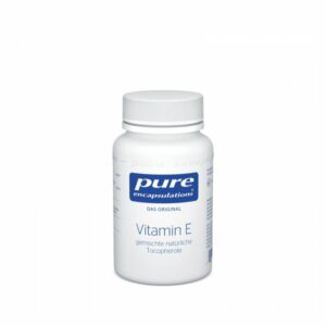 Flasche mit Vitamin E von Pure Encapsulations, mit blauem Logo und weißen Etikett, auch in deutscher Sprache.