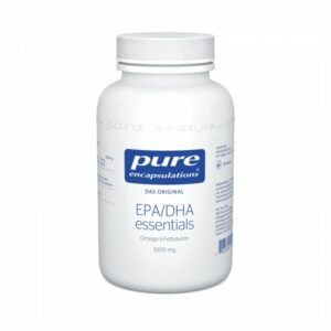 Weißer Behälter mit blauer Aufschrift für Omega-3-Fettsäuren, bezeichnet als EPA/DHA essentials von pure encapsulations.