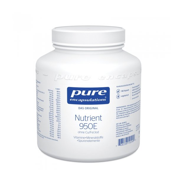 Runder, weißer Behälter mit Schraubverschluss, gekennzeichnet mit "Nutrient 950E" und Informationen zu Inhaltsstoffen.