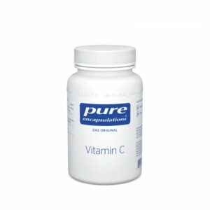 Weißer Kunststoffbehälter mit Vitamin C von Pure Encapsulations und blauem Etikett.