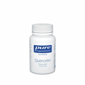 Weißes Fläschchen mit Schraubdeckel, beschriftet mit "Quercetin" und Inhaltsdetails von pure encapsulations.