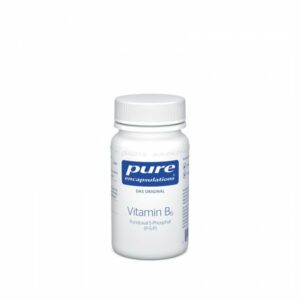 Weißes Fläschchen mit blauer Beschriftung, enthält Vitamin B6 in Form von Pyridoxal-5-Phosphat.