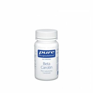 Weißes Fläschchen mit Schraubverschluss, beschriftet mit "Beta Carotin, rein natürliches Carotinoid" von Pure Encapsulations.