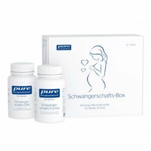 Schwangerschafts-Box mit zwei Flaschen Nahrungsergänzungsmitteln und einer Verpackung, die eine schwangere Frau zeigt.