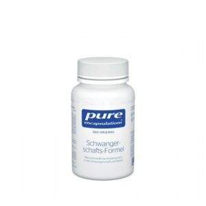 Weißes Fläschchen mit Schraubverschluss, beschriftet mit "pure encapsulations Schwanger-schafts-Formel".