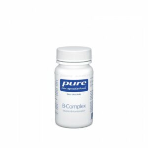 Weißer Behälter mit Schraubverschluss, beschriftet mit 'B-Complex Vitamin-B-Kombination' und Logo von Pure Encapsulations.