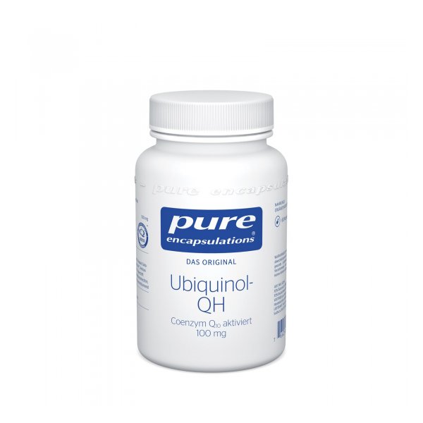 Weißer Kunststoffbehälter mit Schraubverschluss, Etikett in Blau mit der Aufschrift "Ubiquinol-QH, Coenzym Q10 aktiviert, 100 mg".
