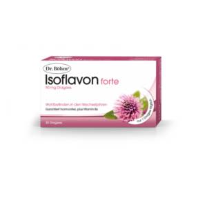 Packung von Dr. Böhm Isoflavon forte, 90 mg Dragees, mit einer Blüte und Informationen zu den Wechseljahren.