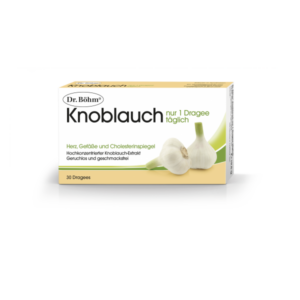 Packung mit Dr. Böhm Knoblauch-Dragees zur Unterstützung von Herz und Cholesterinspiegel, geruchs- und geschmacklos.
