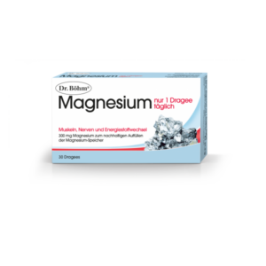Packung mit Magnesiumtabletten von Dr. Böhm, Hinweis auf tägliche Einnahme und Vorteile für Muskeln und Nerven.