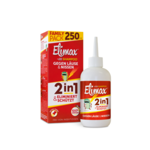 Elimax Shampoo im Family Pack, 250 ml, gegen Läuse und Nissen, in weißem Flakon mit orange-roter Verpackung.
