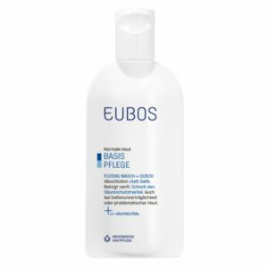 Weiße Flasche mit blauer Schrift, die eine milde Wasch- und Duschlotion für normale Haut beschreibt.